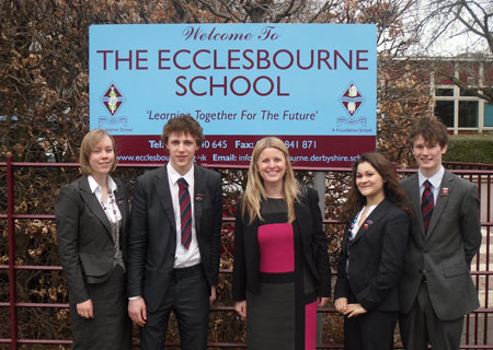 Emma McClarkin MEP is picture with, from left to right, Laura Brown, Tom Boyd, Claire Richards and Mark Raynor.  They are four out of five of Ecclesbourne School head boy/girl team who organise prefect duty teams and co-ordinate sixth form activities.